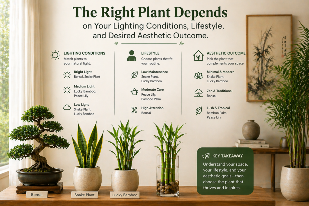 The right indoor plant based on lighting, lifestyle, and aesthetic preferences, featuring bonsai, snake plant, and lucky bamboo.
