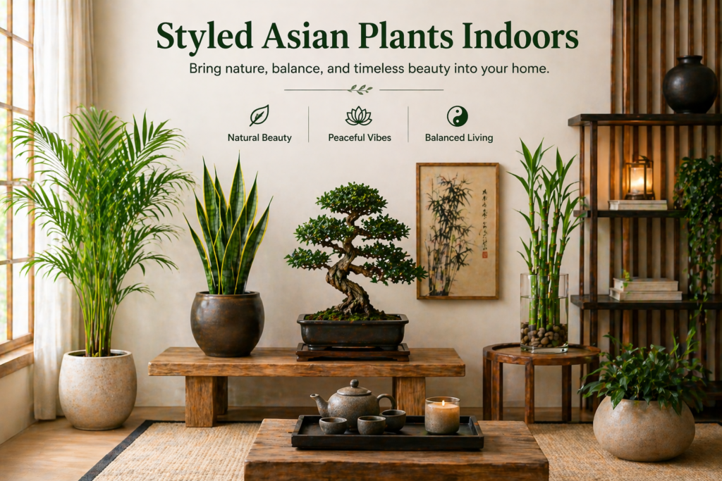 Styled indoor Asian plants arranged in a minimalist room, featuring bonsai, snake plant, and lucky bamboo in a calm, balanced setting.
