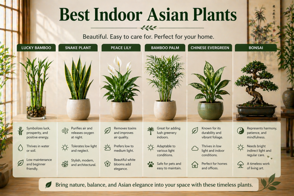 The best indoor Asian plants, including lucky bamboo, snake plant, peace lily, Chinese evergreen, and bonsai with key benefits.