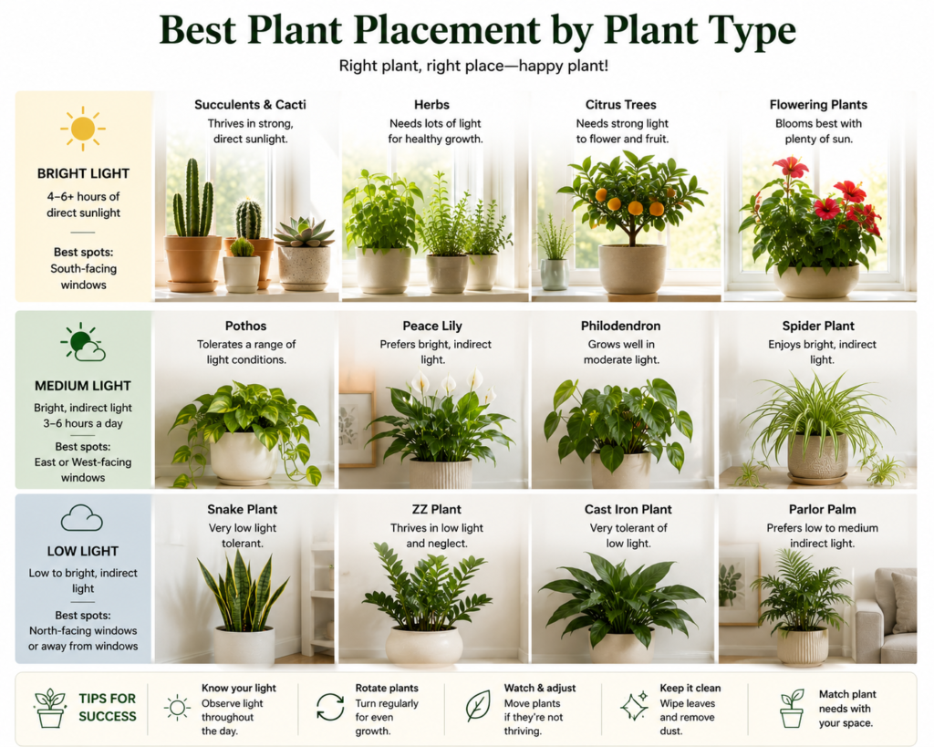 Best indoor plant placement by plant type and light level.
