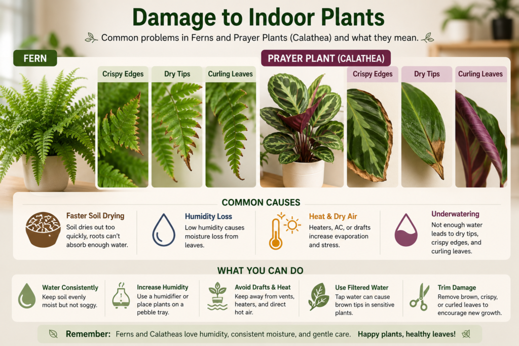 Fern and calathea leaf damage from dry air and low humidity.
