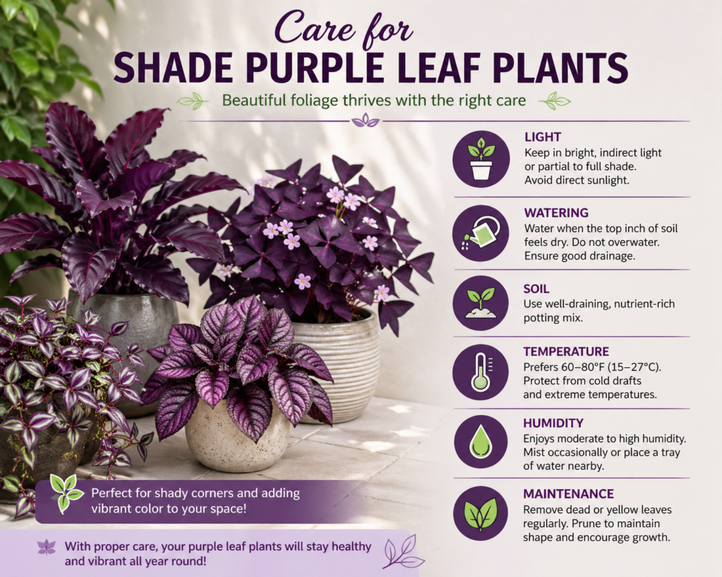 Purple shade plants with simple light, water, and soil care tips for healthy low-light growth.

