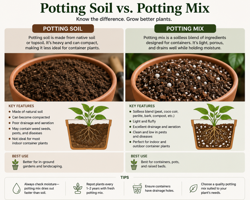 Potting soil and potting mix comparison for container plants.
