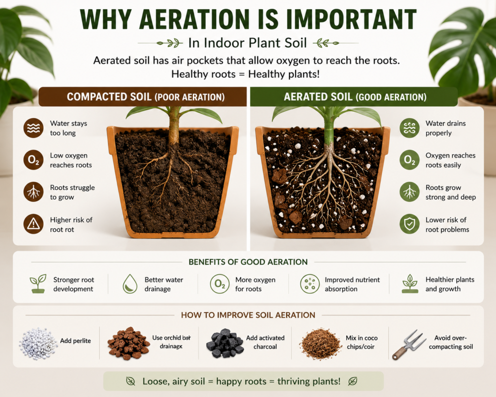 Soil aeration comparison showing healthy and compacted plant roots.