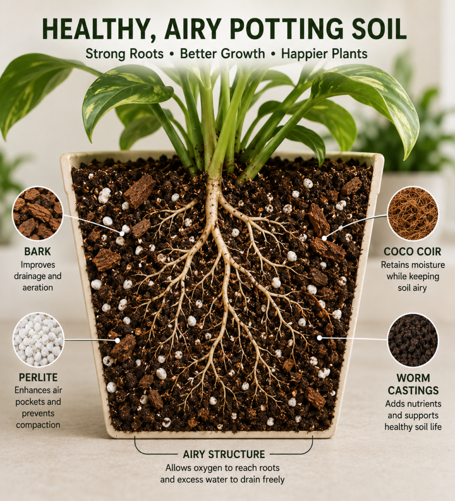 Cross-section of healthy airy potting soil with active root growth.
