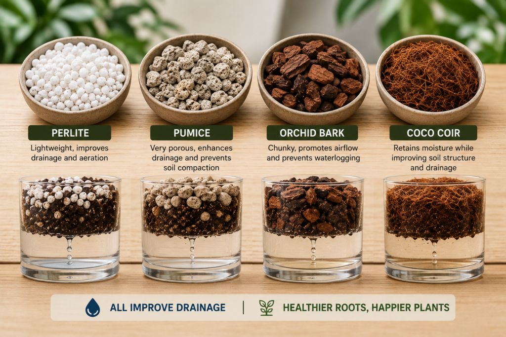 Perlite, pumice, orchid bark, and coco coir for soil drainage.