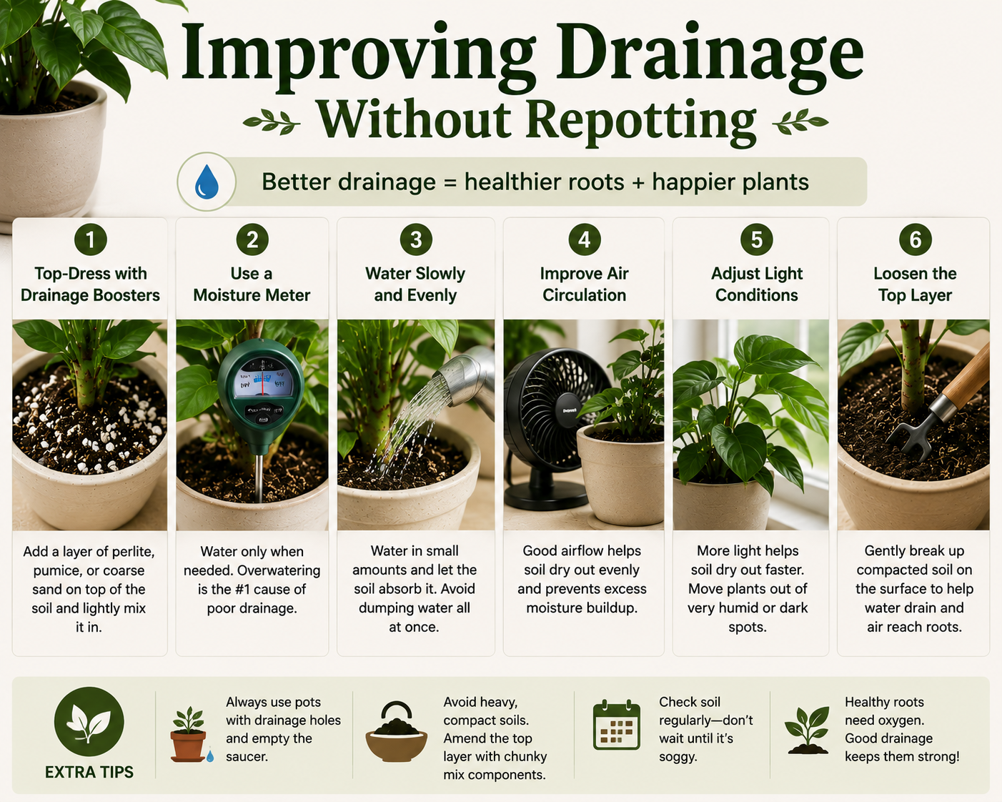 Ways to improve soil drainage without repotting plants.
