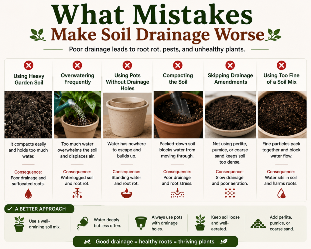 Common mistakes that make indoor plant soil drainage worse.
