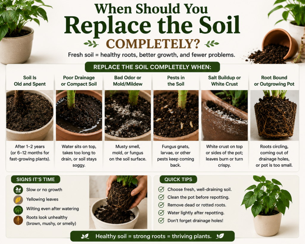 Signs showing when indoor plant soil should be replaced completely.

