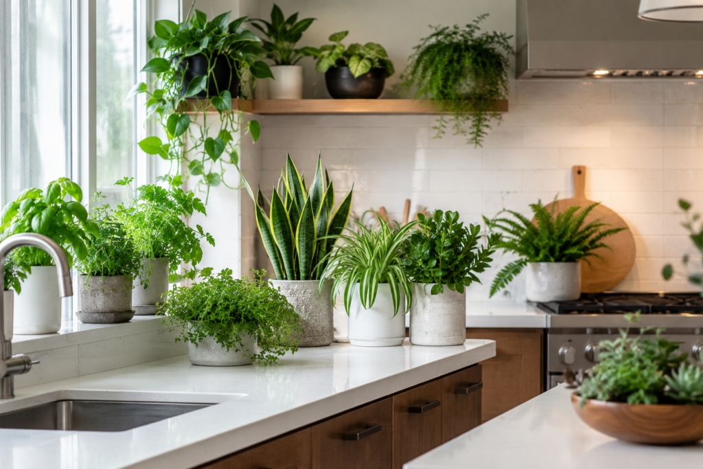 Indoor plants on a modern kitchen countertop

