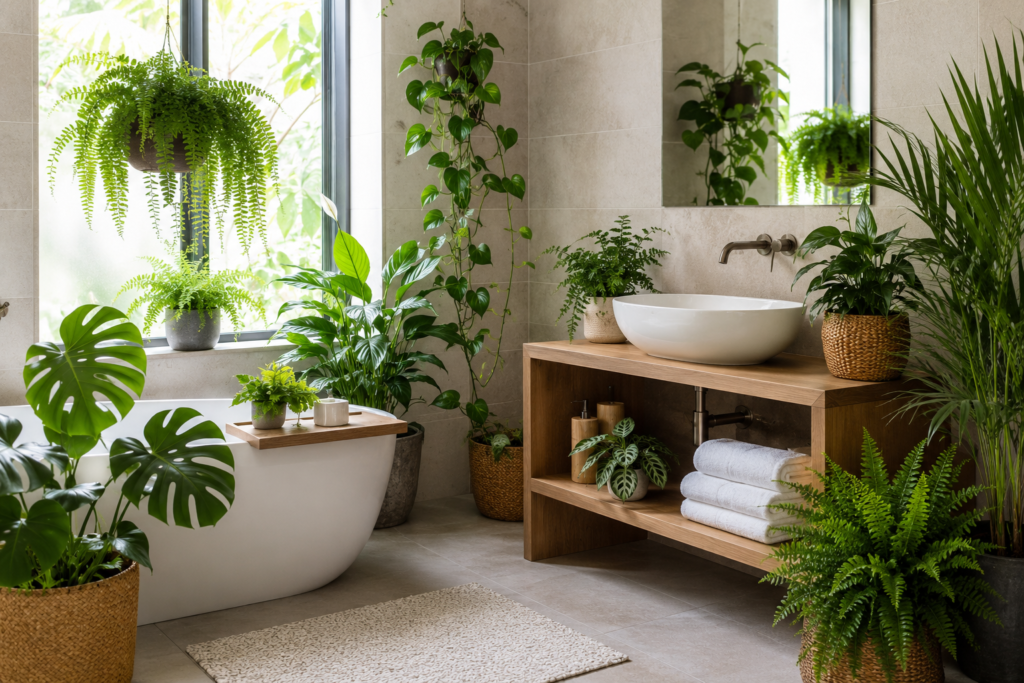 Indoor plants in a bright modern bathroom
