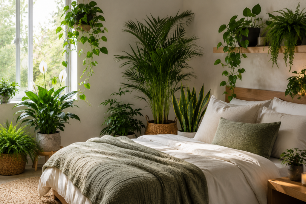 Indoor plants in a cozy modern bedroom

