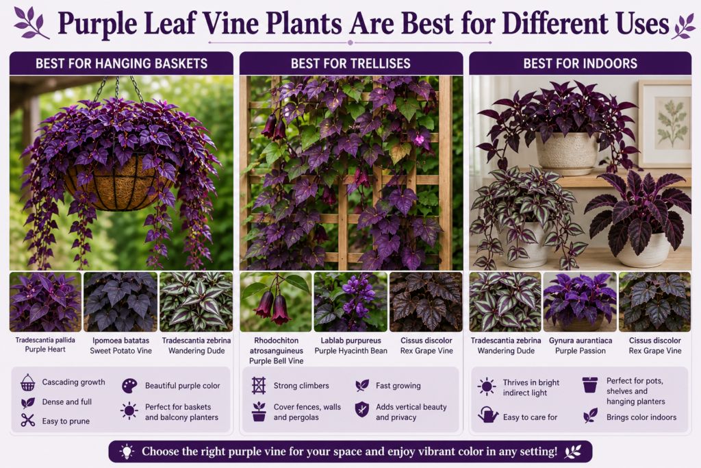 Purple leaf vine plants displayed for hanging baskets, trellises, and indoor spaces, showing their best growing uses.
