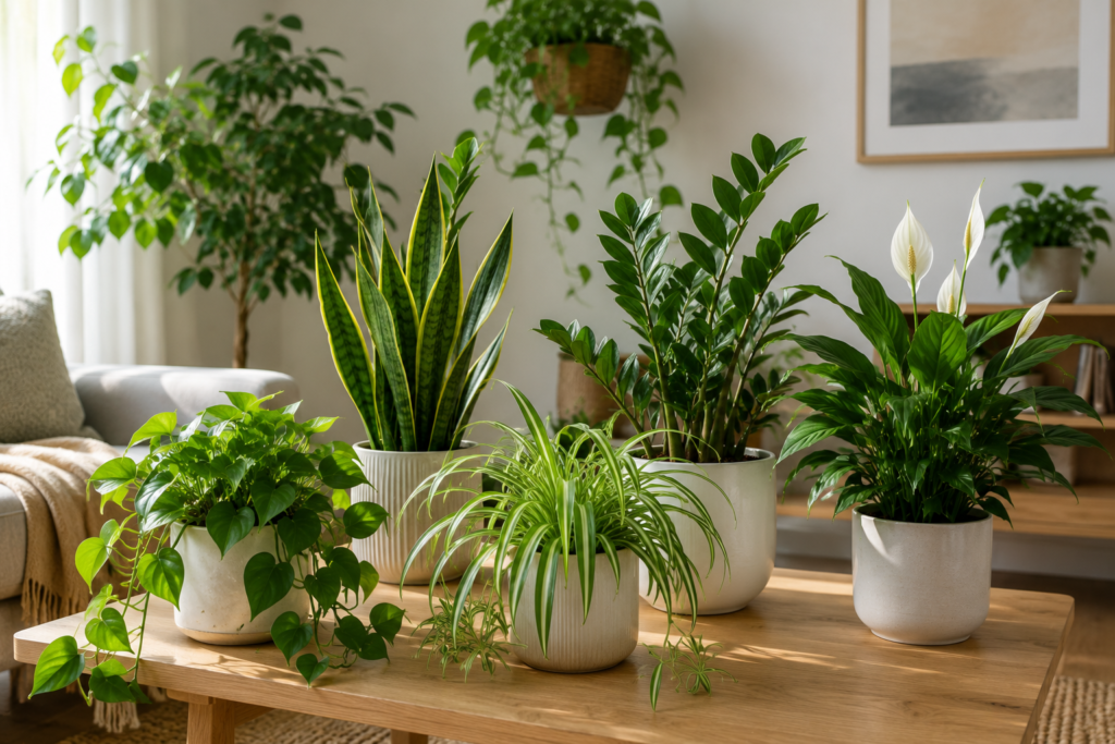 Beginner-friendly indoor plants in a bright living room
