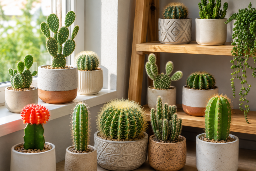 Popular indoor cactus plants on shelves and windowsill

