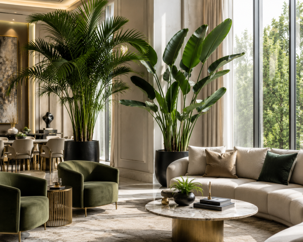 Small apartment corner with hanging indoor plants

