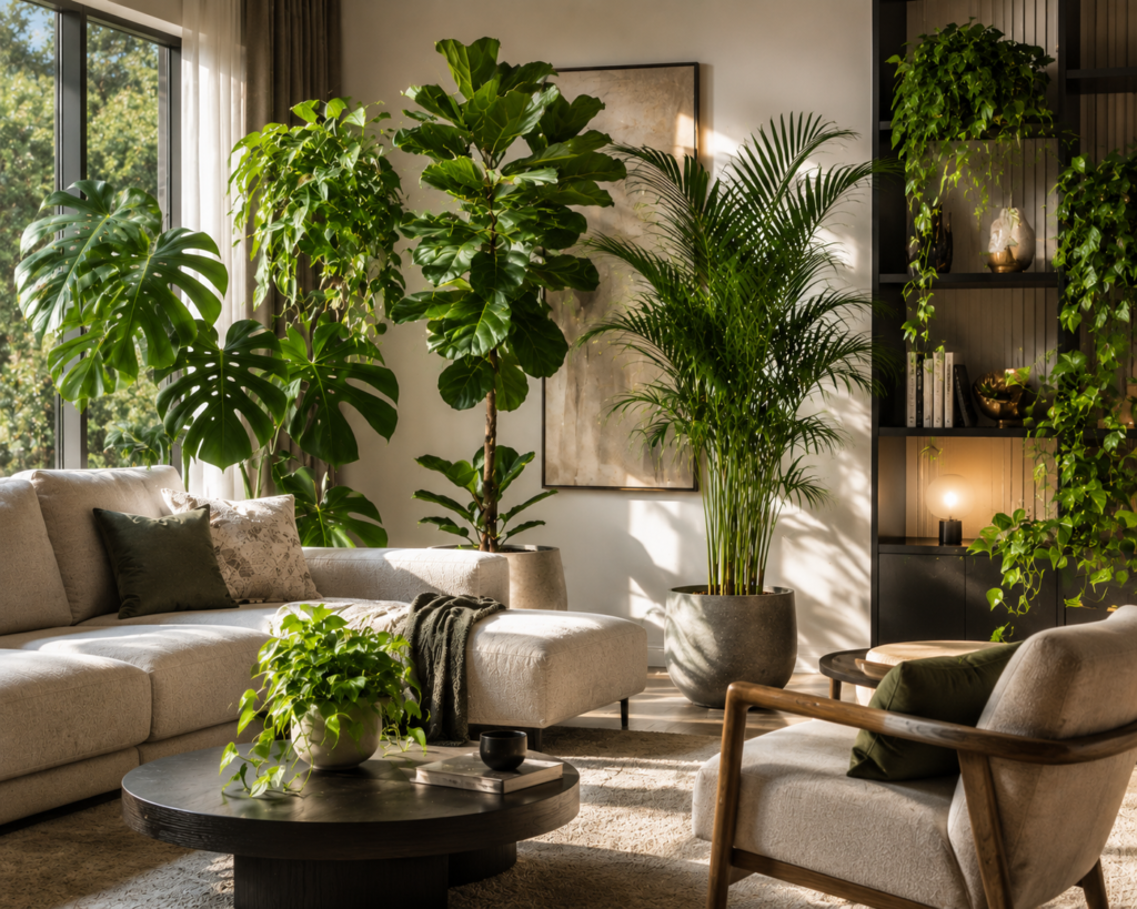 Stylish living room with decorative indoor plants

