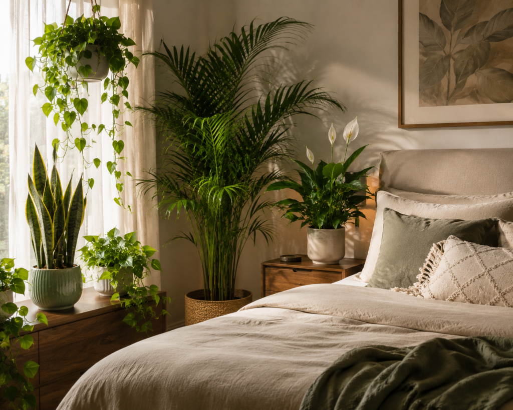 Decorative indoor plants in a cozy modern bedroom
