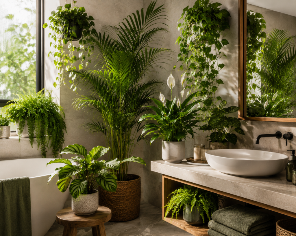 Humidity-loving plants in a modern bathroom
