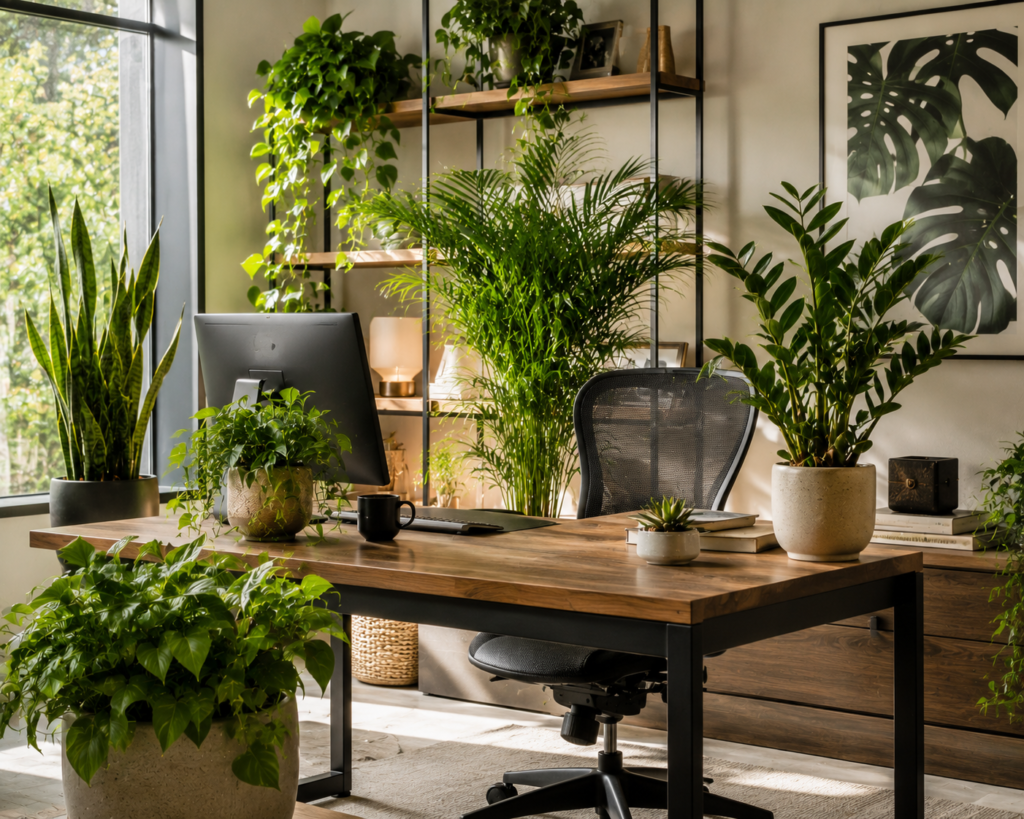 Modern home office with decorative indoor plants

