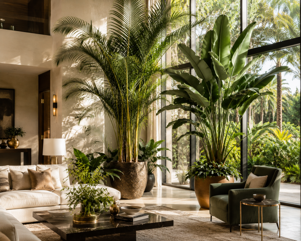 Luxury interior with oversized indoor palms and bird of paradise plants
