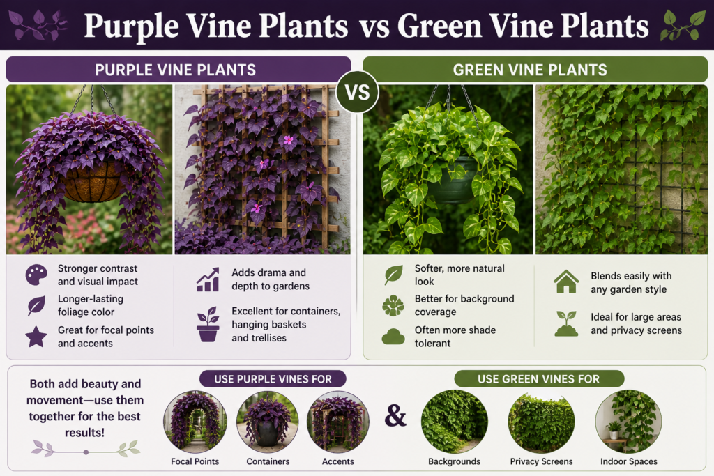 Comparison of purple vine plants and green vine plants, highlighting differences in foliage color, texture, and garden impact.
