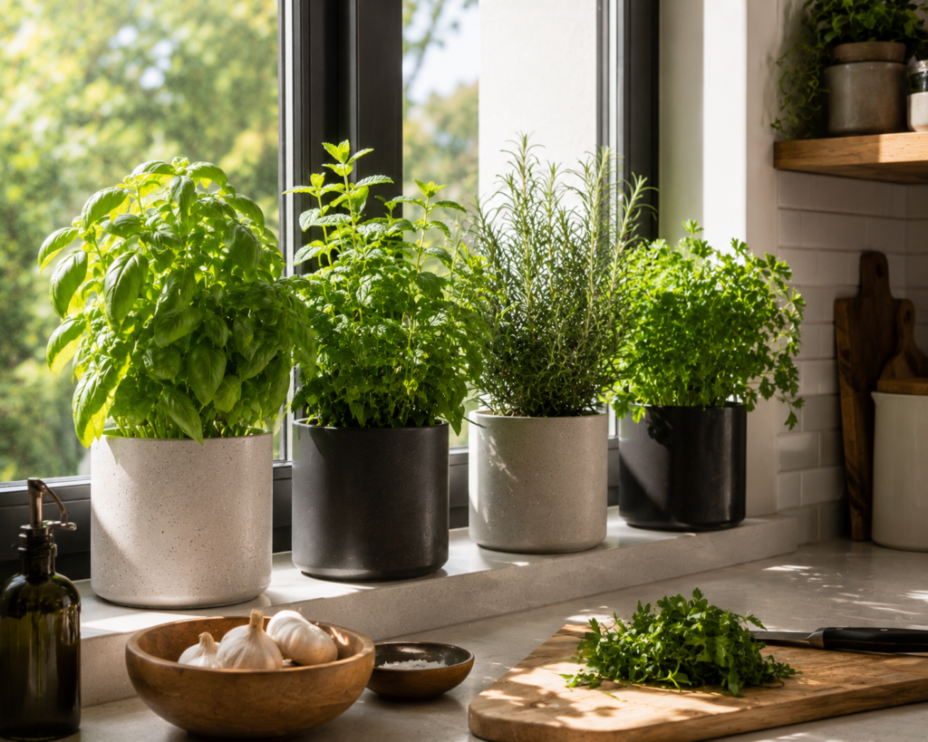 Indoor herb garden on a sunny kitchen windowsill
