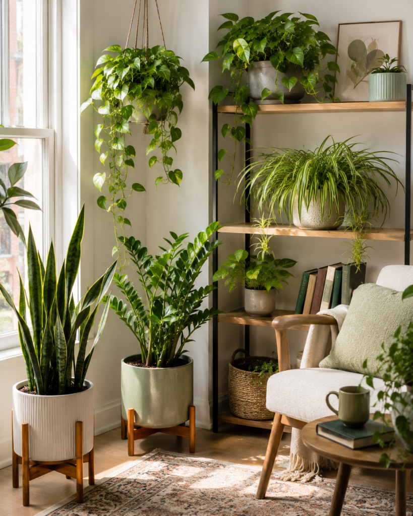 Small apartment corner with indoor plants
