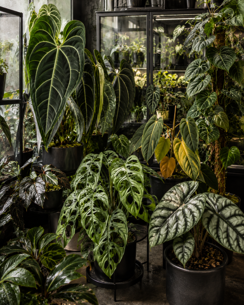 Rare tropical houseplants in an indoor greenhouse room
