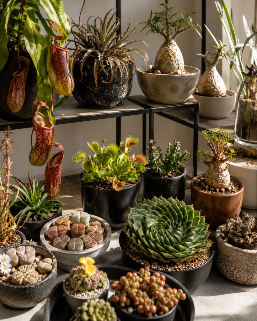 Rare succulents and carnivorous plants on minimalist shelves
