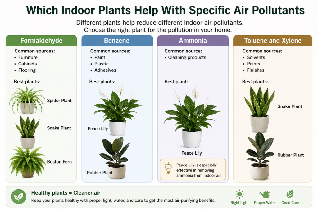 Indoor plant chart showing the best plants for common air pollutants like formaldehyde, benzene, ammonia, and xylene.
