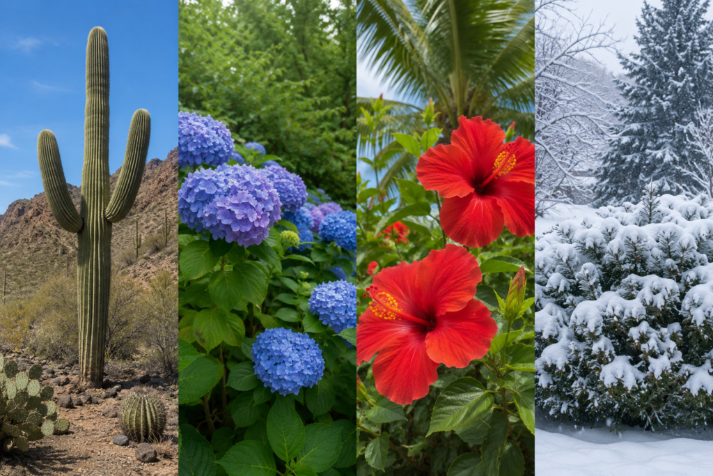 Outdoor plants growing in desert, tropical, temperate, and snowy climates.
