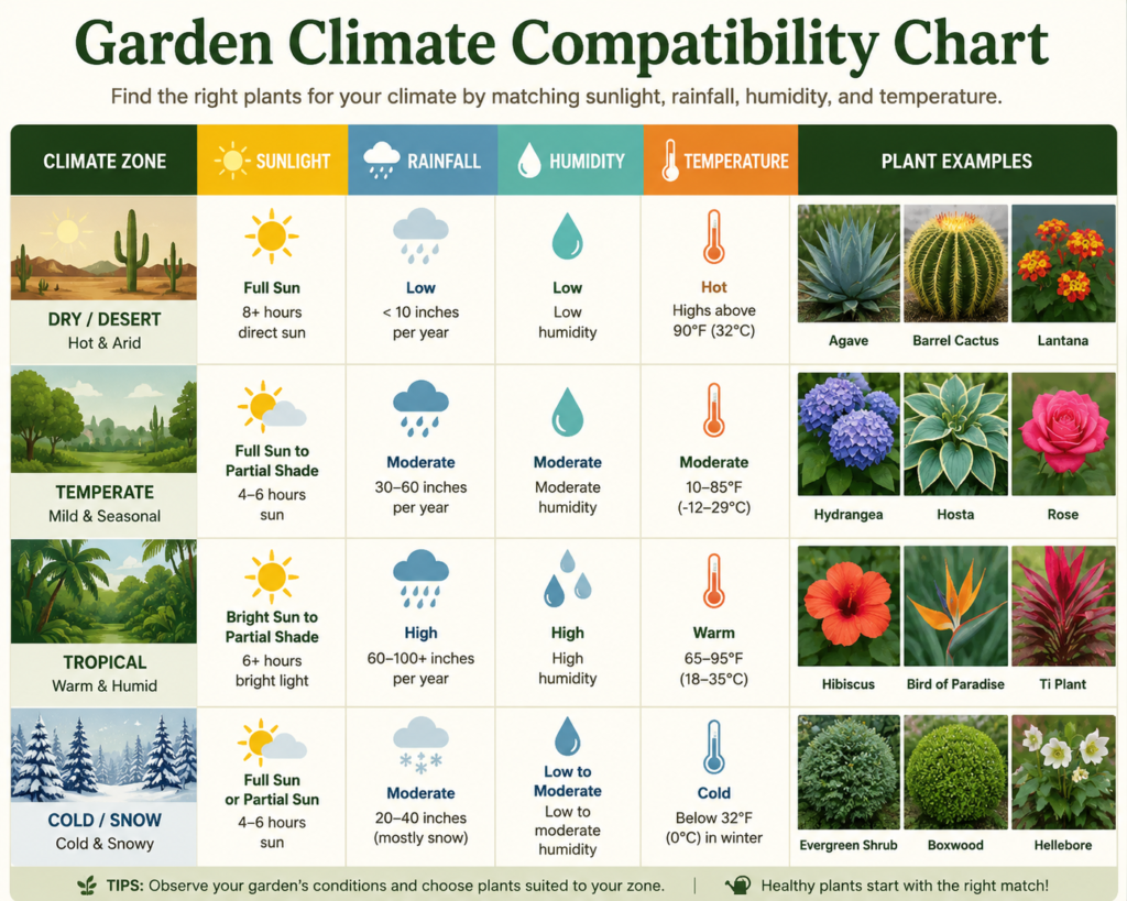 Garden climate chart with plant examples for different weather conditions.
