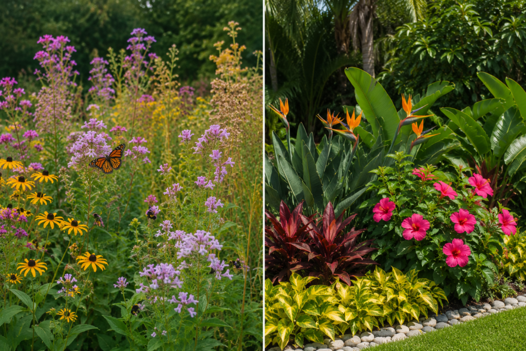 Native and exotic outdoor plants growing side by side in contrasting gardens.
