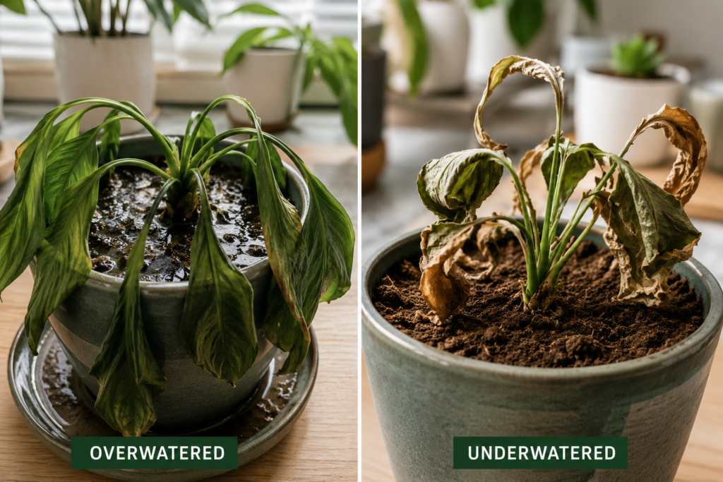 Overwatered vs underwatered plant leaf curling comparison
