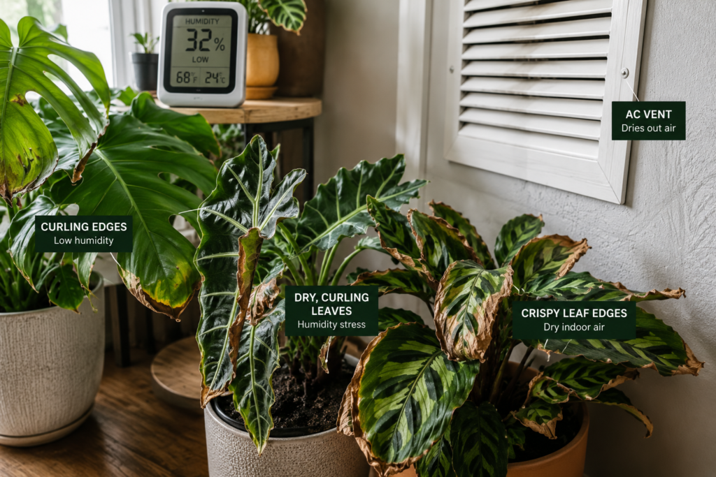 Tropical houseplants with humidity stress and curled leaf edges near AC vent