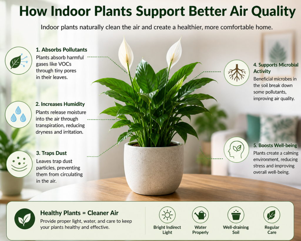 Indoor plants improving air quality by absorbing pollutants, adding humidity, and trapping dust in a home space.
