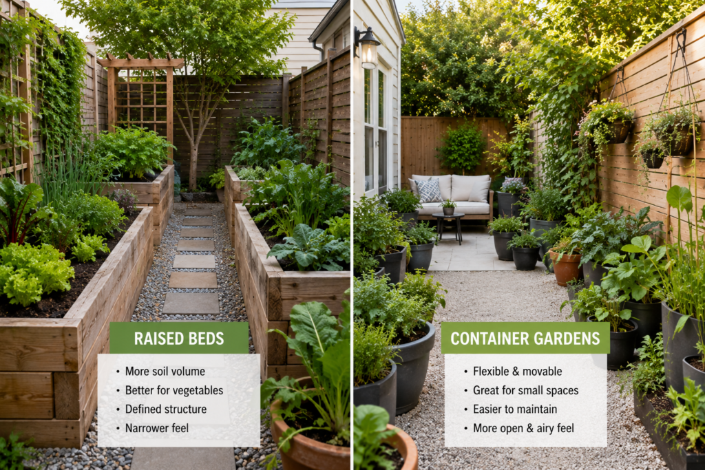 Raised beds and container garden comparison in a small backyard