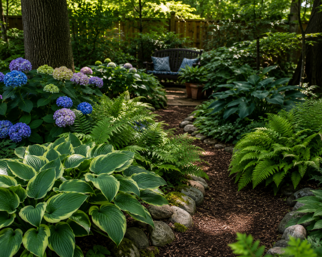 best outdoor plants for beginners shaded garden with hostas and ferns