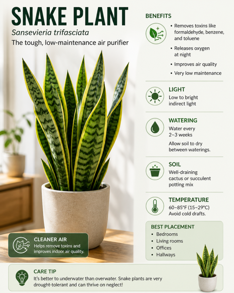 Snake Plant in a pot showing its upright green leaves, known for low maintenance and indoor air-support benefits.
