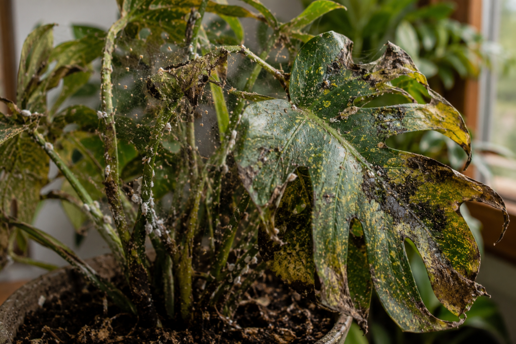 Pests severe infestation on tropical plant leaves