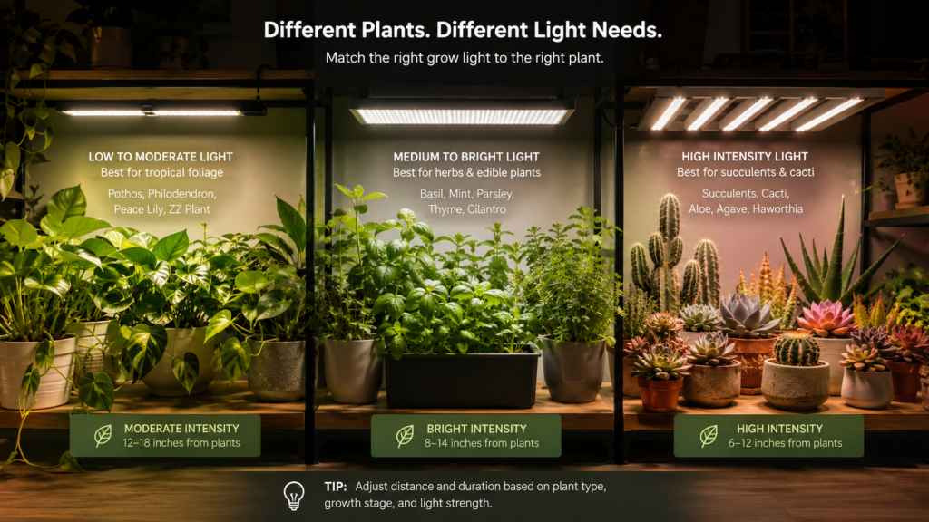 Indoor plants under different LED grow lights showing tropical plants, herbs, and succulents with varying light intensity setups.
