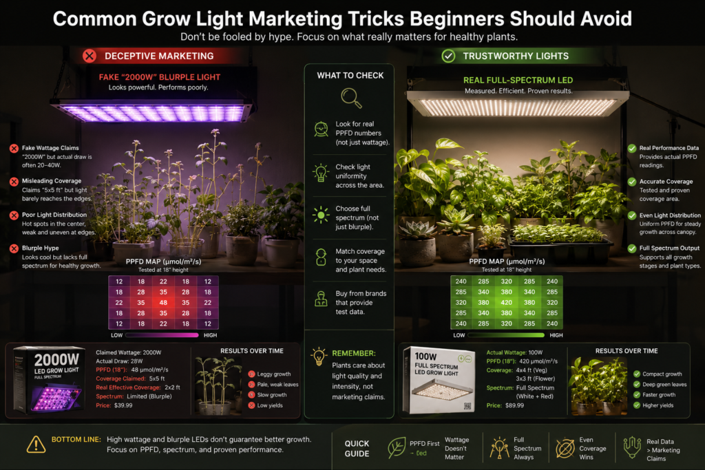 Infographic comparing misleading grow light marketing claims with real full-spectrum LED performance for indoor plants.
