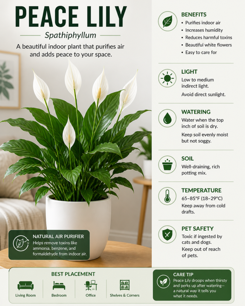 Peace Lily plant with white blooms and green leaves, shown as an indoor air-purifying houseplant.
