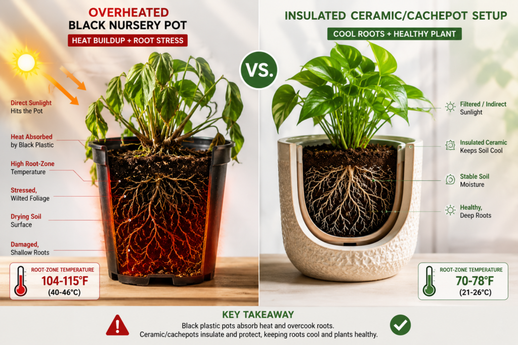 Cross-section comparison of overheated black nursery pot vs insulated ceramic planter with healthy roots.
