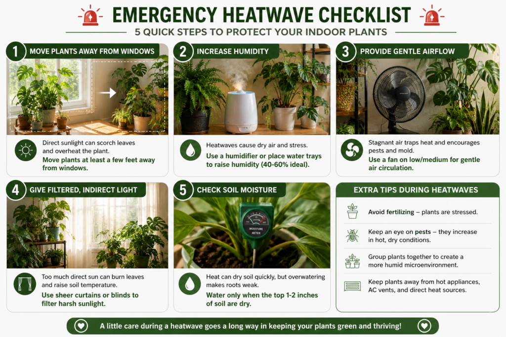 Emergency indoor plant heatwave checklist with humidifier, airflow fan, filtered light, and soil moisture check.
