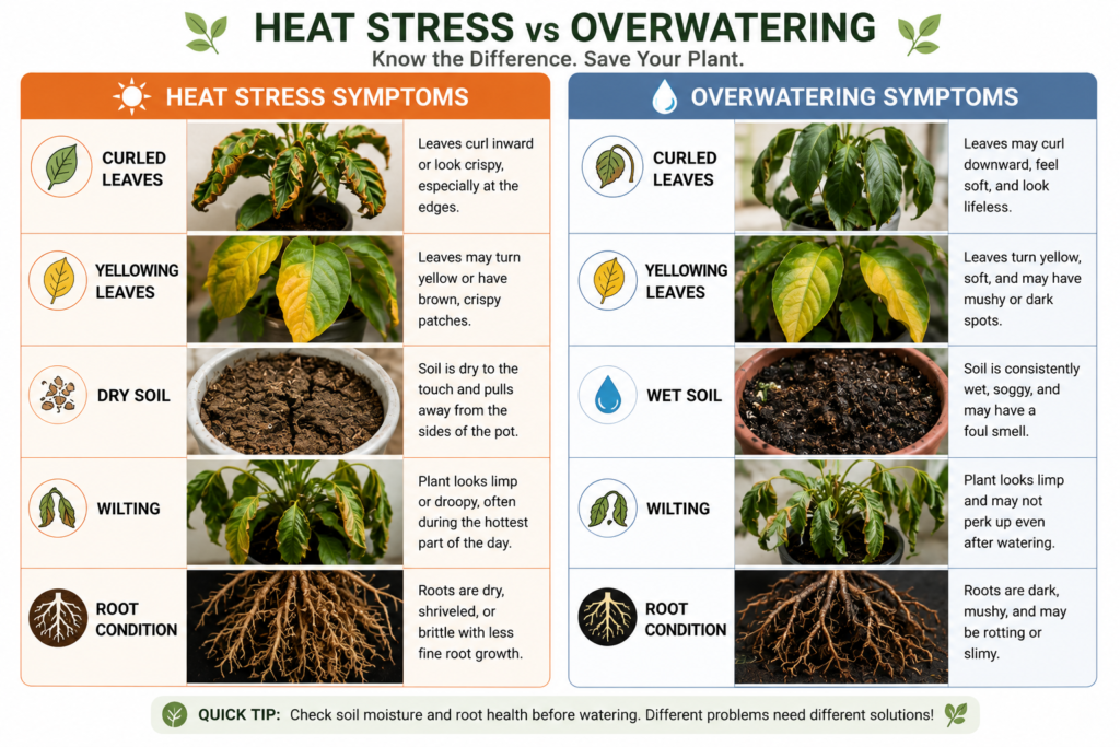 Heat stress vs overwatering indoor plant symptom comparison with curled leaves, soil moisture, and root differences.
