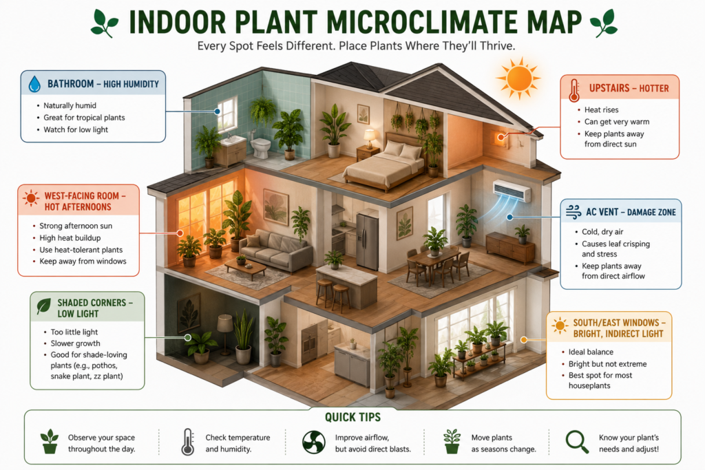 Indoor plant microclimate map showing humidity zones, AC vent stress, hot rooms, and shaded corners.

