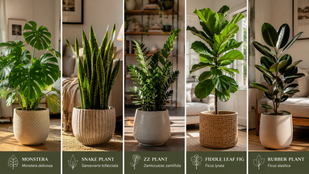 Hero comparison collage of Monstera, Snake Plant, ZZ Plant, Fiddle Leaf Fig, and Rubber Plant in modern living room planters.

