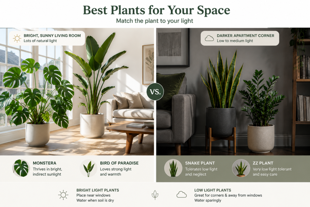 Environmental comparison infographic showing bright living room plants vs low-light apartment corner plants.